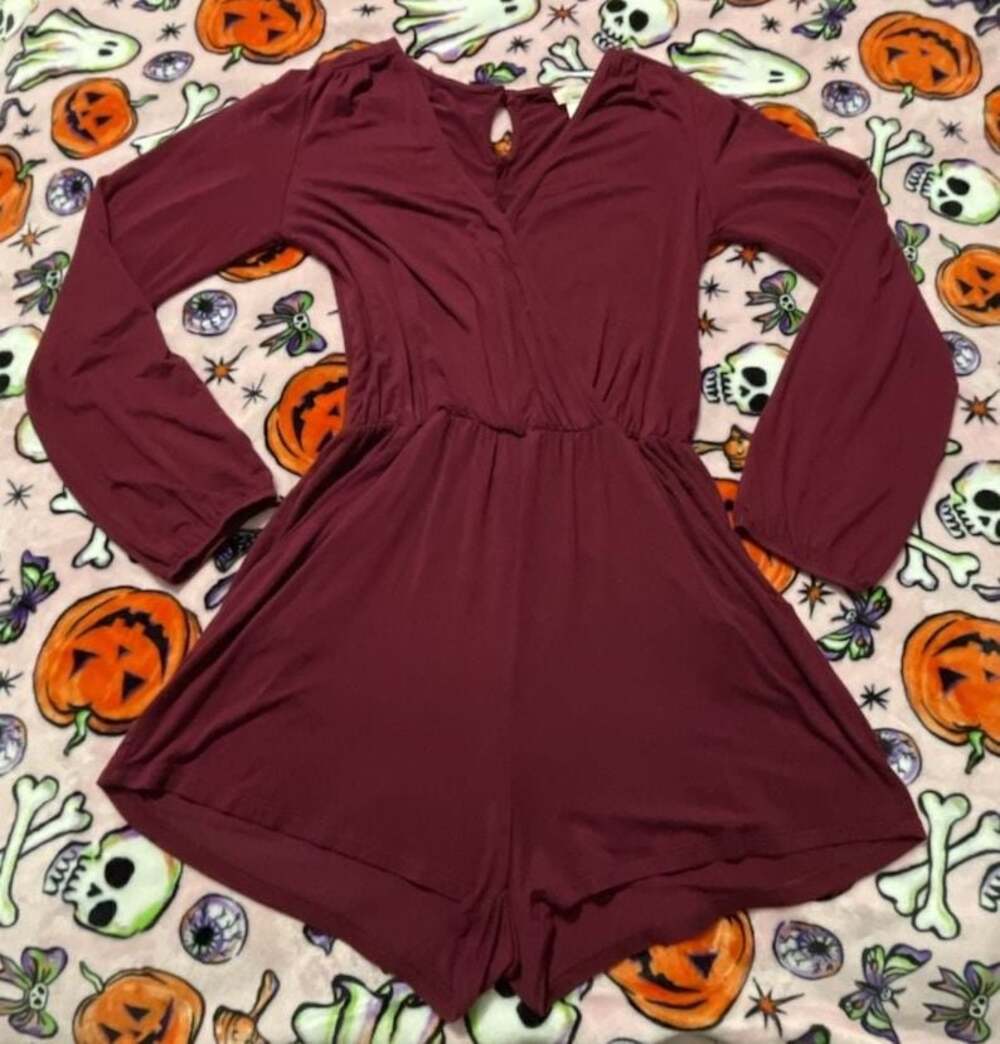 Wet Seal 90s Mall Brand Maroon Long Sleeve Surplice Romper with Keyhole Back